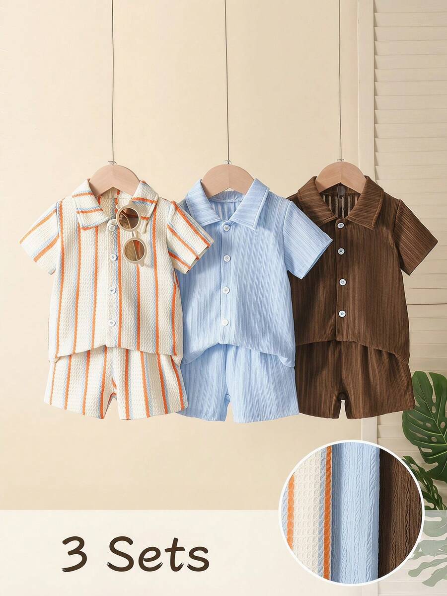 Infant Baby Boy Green White Striped Waffle Knit Polo Shirt and Shorts 2 Piece Casual Outfit Set