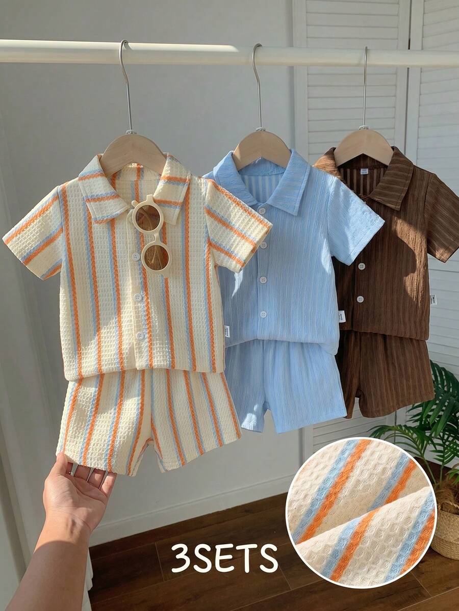 Infant Baby Boy Green White Striped Waffle Knit Polo Shirt and Shorts 2 Piece Casual Outfit Set