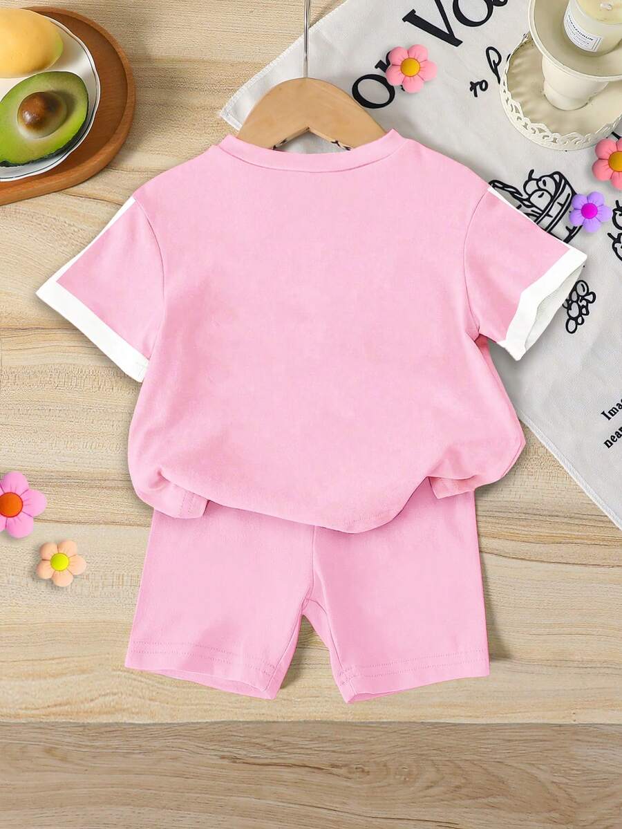 Sweet Strawberry Print T Shirt And Shorts Set For Toddler Girls
