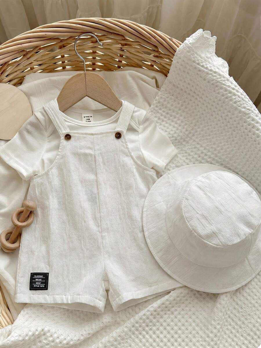 Baby Striped Bib Overalls and Bucket Hat 2 Piece Casual Summer Beach Outfit Set