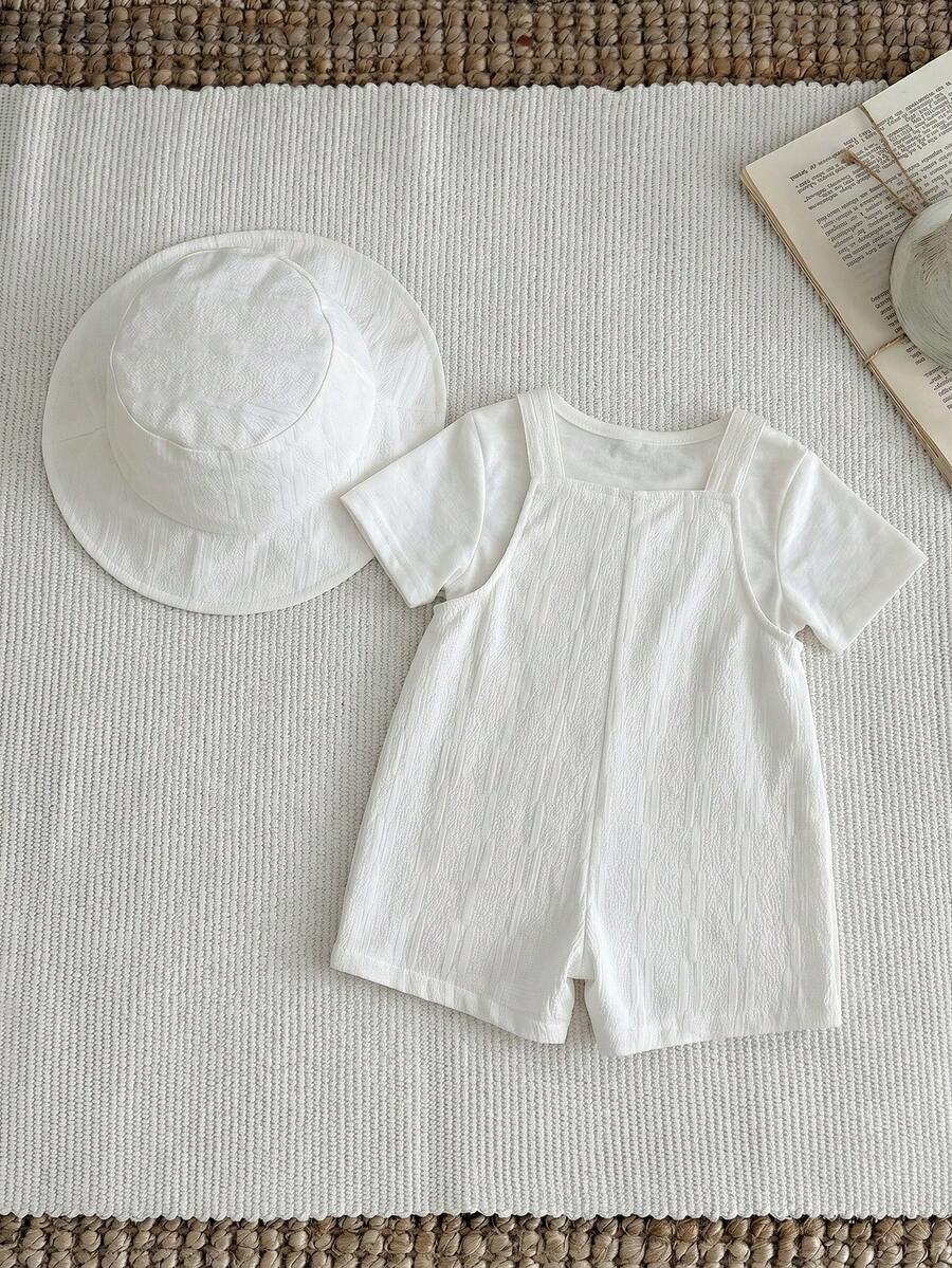 Baby Striped Bib Overalls and Bucket Hat 2 Piece Casual Summer Beach Outfit Set