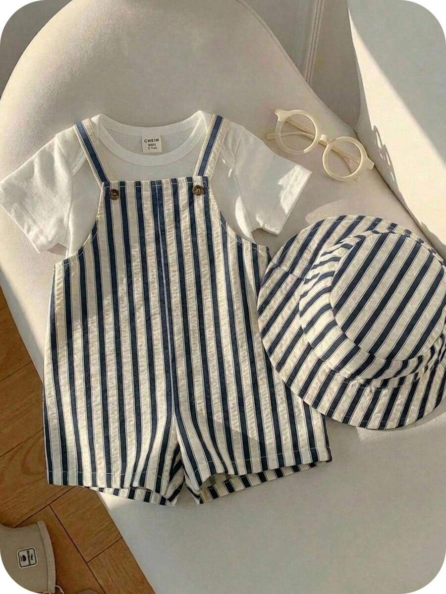 Baby Striped Bib Overalls and Bucket Hat 2 Piece Casual Summer Beach Outfit Set