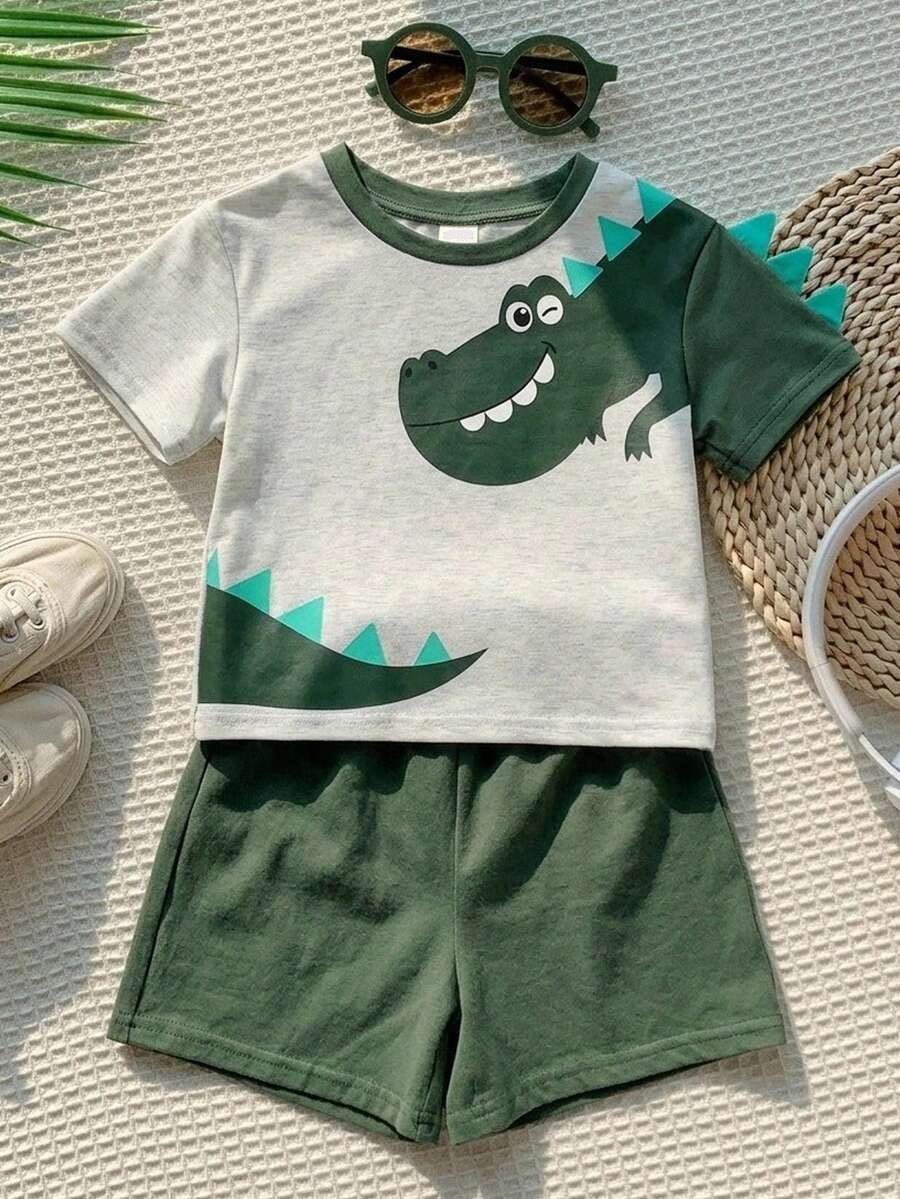 Baby Boy Animal Crayon Print T Shirt and Knitted Shorts 2 Piece Casual Spring Summer Outfit Set
