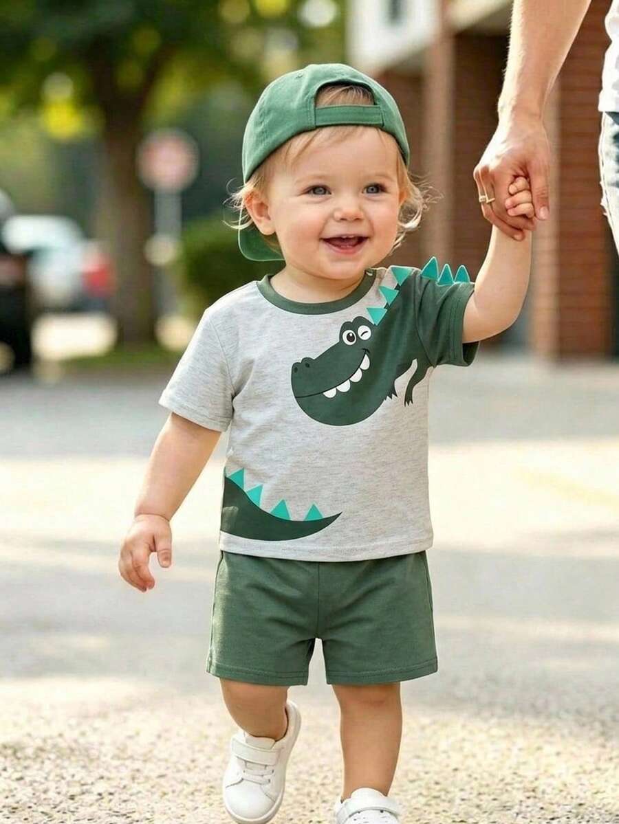 Baby Boy Animal Crayon Print T Shirt and Knitted Shorts 2 Piece Casual Spring Summer Outfit Set