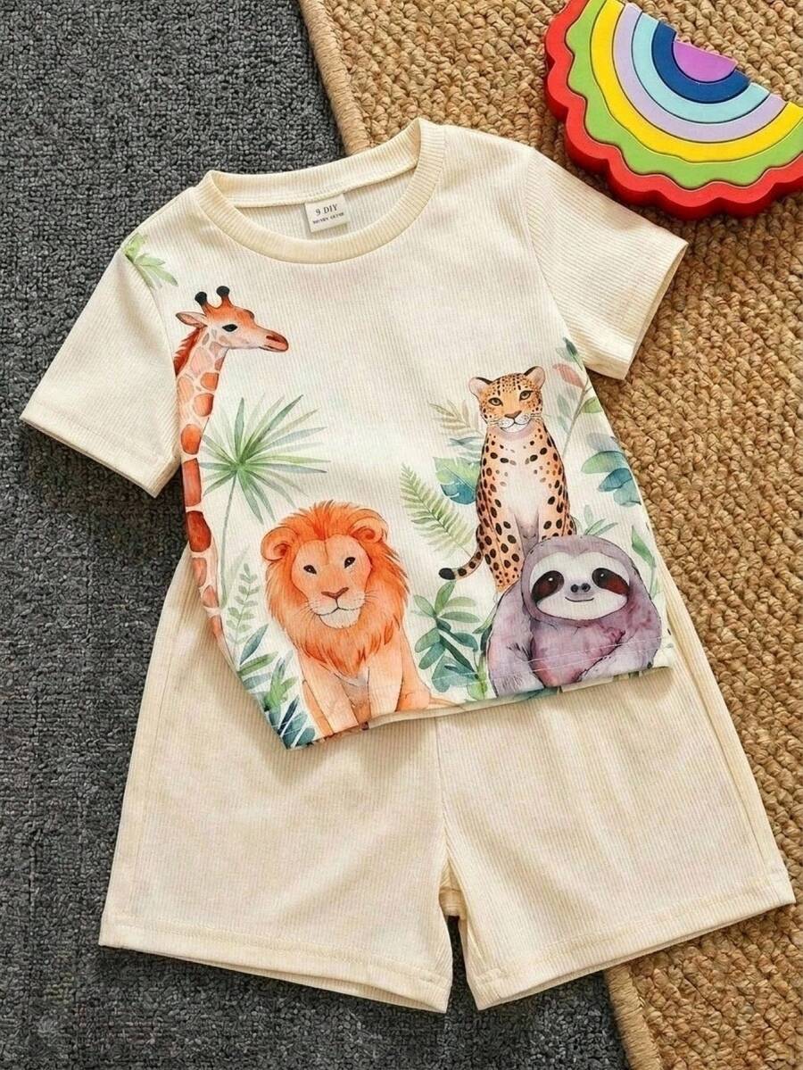 Baby Boy Animal Crayon Print T Shirt and Knitted Shorts 2 Piece Casual Spring Summer Outfit Set