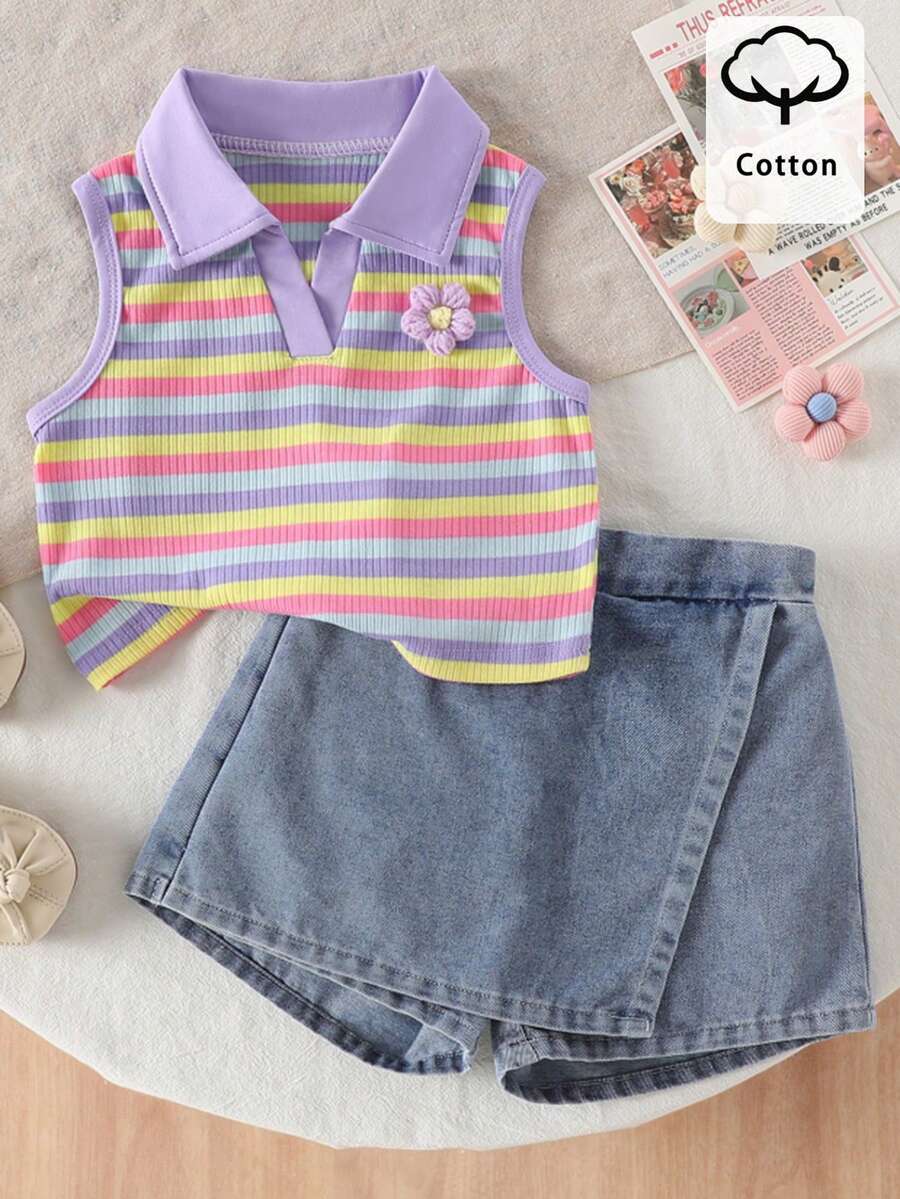 Toddler Girls Textured Knit Vest Top And Denim Skort Flower Embroidered Summer Outfit Set