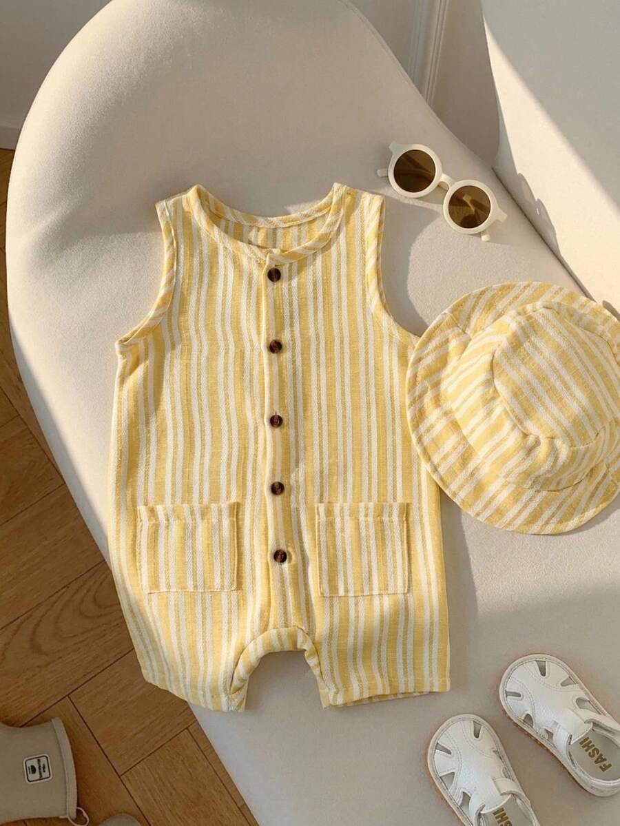 Baby Boy White Sleeveless Romper with Pockets Casual Short Jumpsuit for Everyday Wear