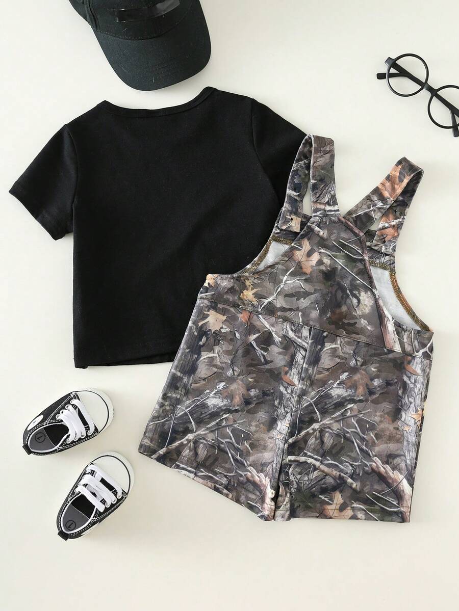 2-Piece Toddler Boy Outfit: Black Graphic T-Shirt and Camo Bib Shorts