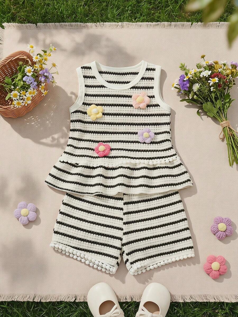 Two Piece Summer Clothing Set For Kids Girls Floral Knit Top And Shorts