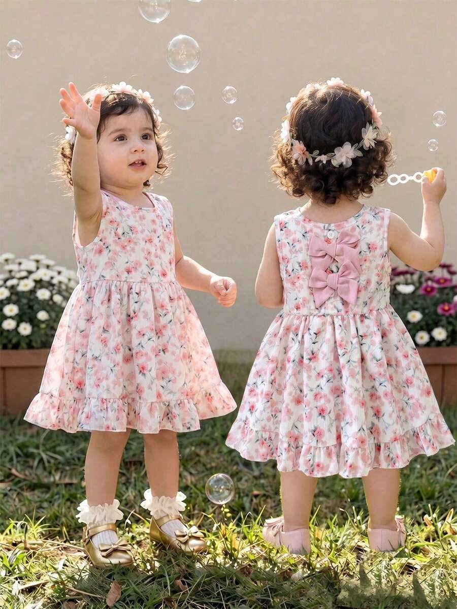 Baby Girl Brown Bowknot Sleeveless Puffy Dress for Casual Fall Outings