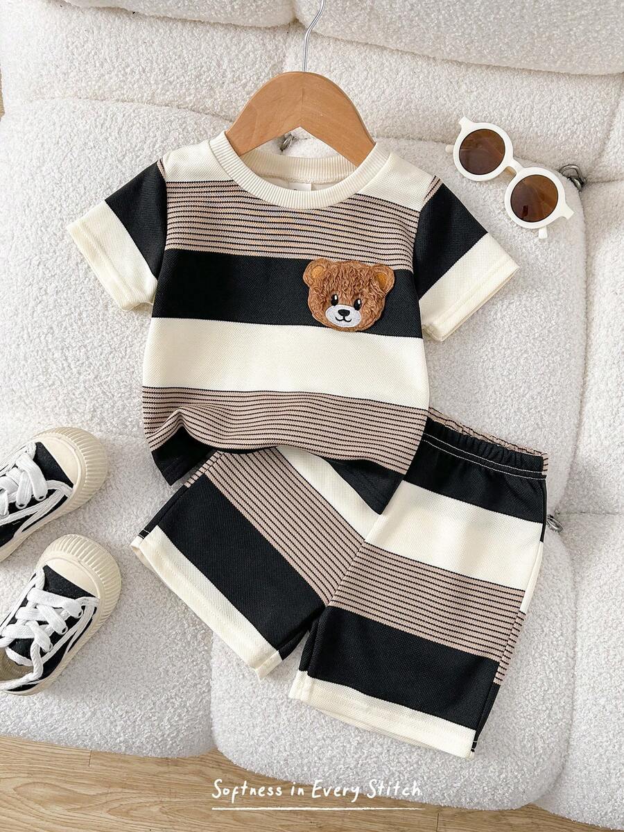 Baby Boy Black and White Striped T Shirt and Denim Shorts 2 Piece Casual Spring Summer Outfit Set