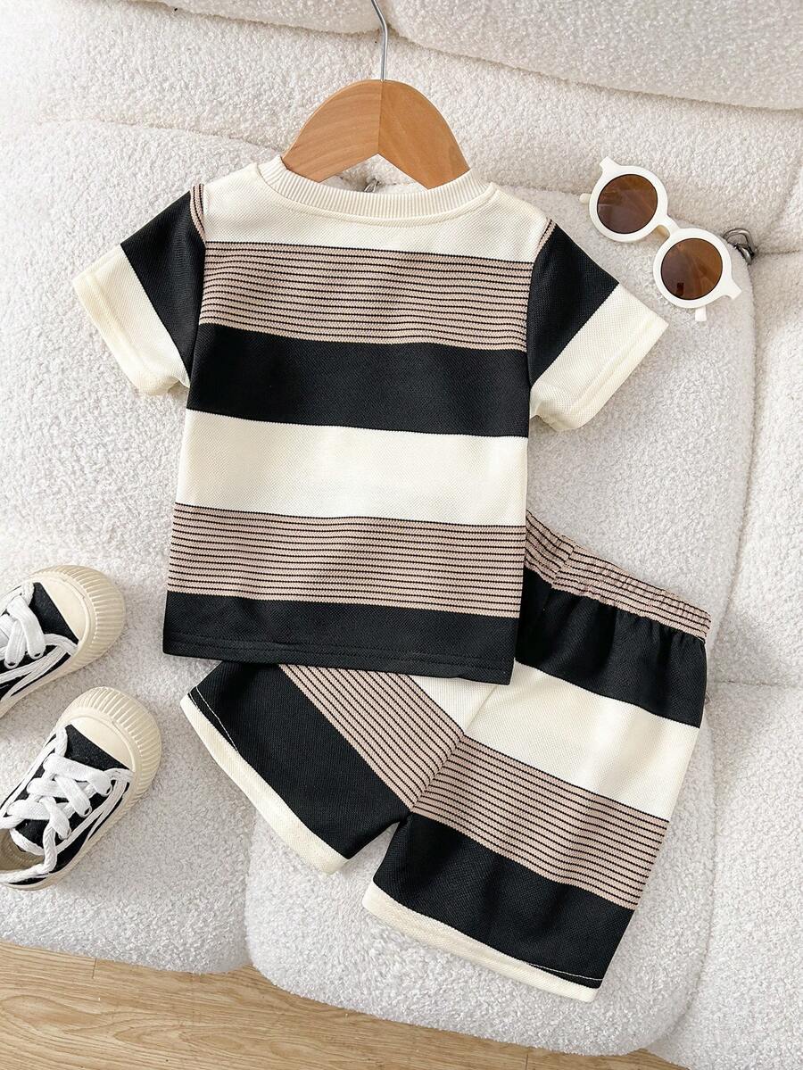 Baby Boy Black and White Striped T Shirt and Denim Shorts 2 Piece Casual Spring Summer Outfit Set