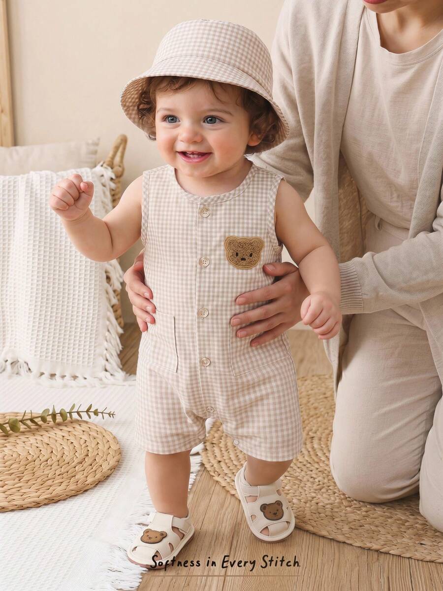 Unisex Baby Green White Striped Sleeveless Jumpsuit and Bucket Hat 2 Piece Summer Vacation Outfit Set