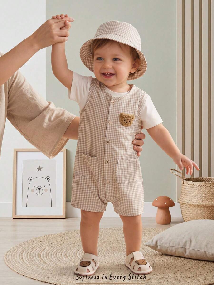 Unisex Baby Green White Striped Sleeveless Jumpsuit and Bucket Hat 2 Piece Summer Vacation Outfit Set