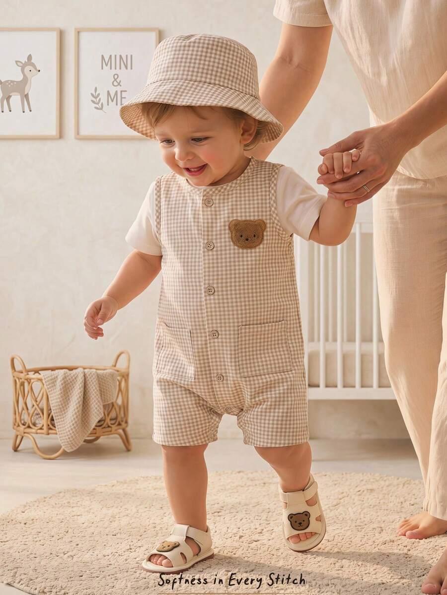 Unisex Baby Green White Striped Sleeveless Jumpsuit and Bucket Hat 2 Piece Summer Vacation Outfit Set