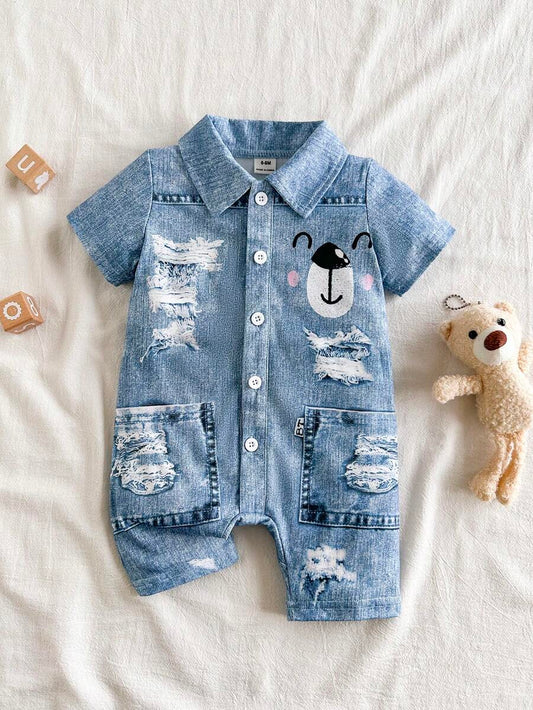 Baby Boy Cartoon Pattern Denim Effect Printed Short Sleeve Jumpsuit Casual Summer Outfit