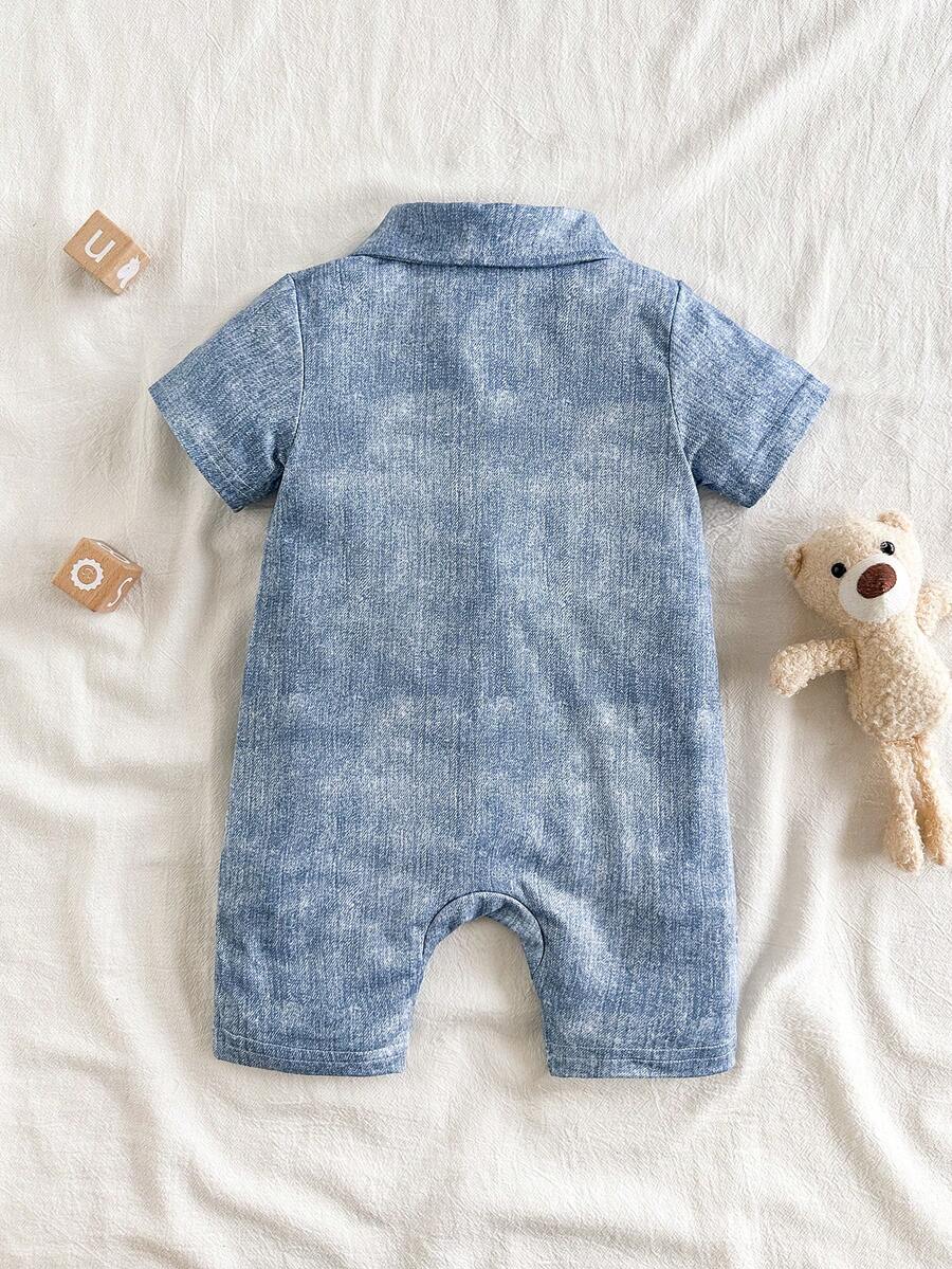 Baby Boy Cartoon Pattern Denim Effect Printed Short Sleeve Jumpsuit Casual Summer Outfit