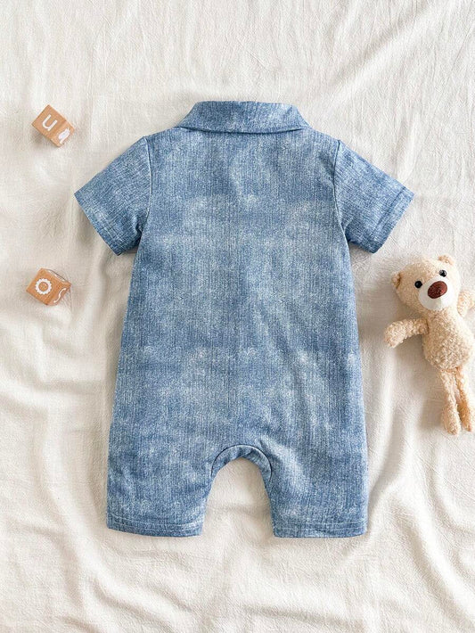 Baby Boy Cartoon Pattern Denim Effect Printed Short Sleeve Jumpsuit Casual Summer Outfit
