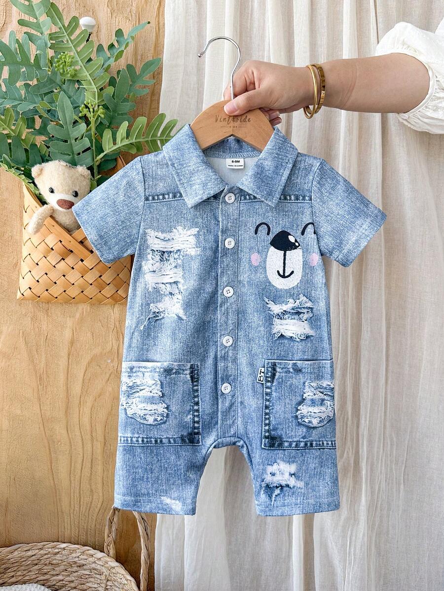 Baby Boy Cartoon Pattern Denim Effect Printed Short Sleeve Jumpsuit Casual Summer Outfit