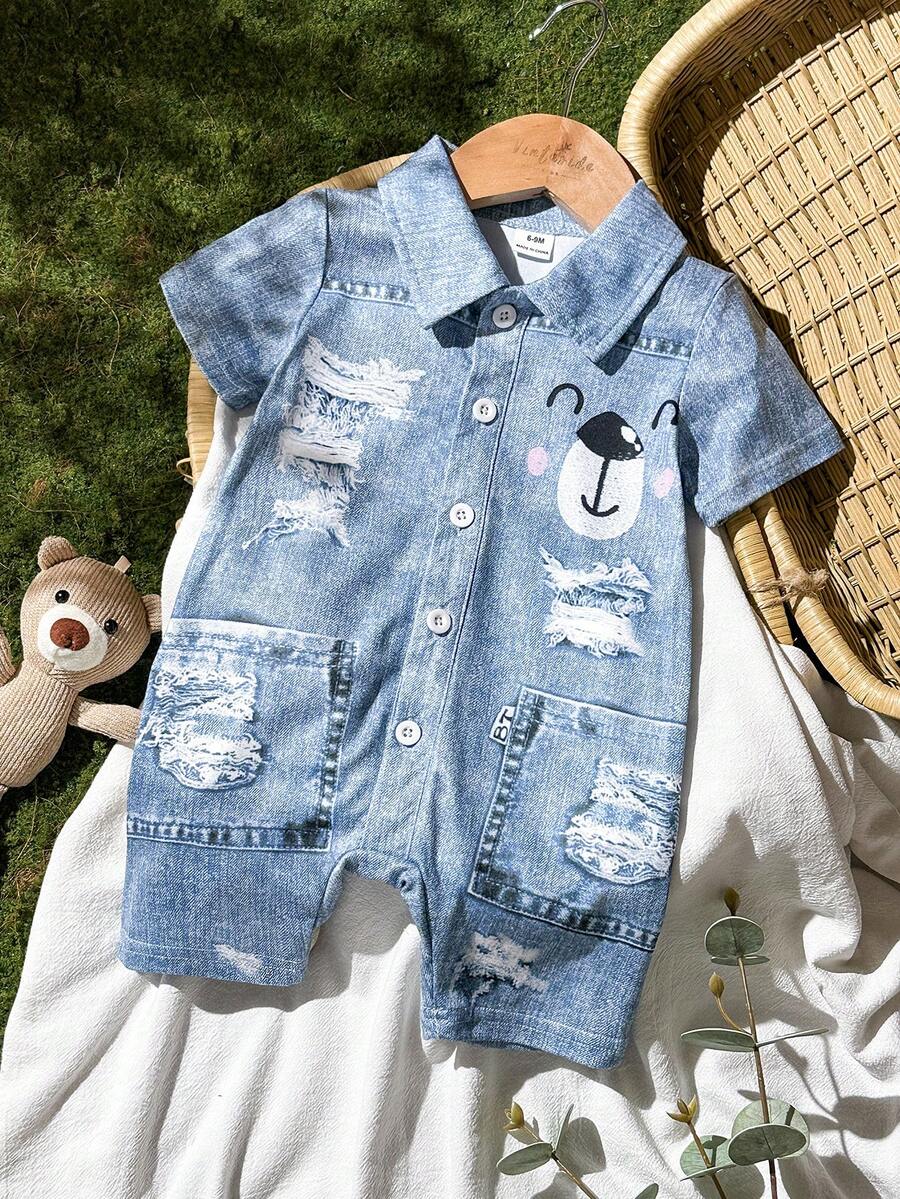 Baby Boy Cartoon Pattern Denim Effect Printed Short Sleeve Jumpsuit Casual Summer Outfit