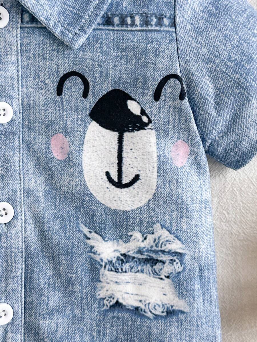 Baby Boy Cartoon Pattern Denim Effect Printed Short Sleeve Jumpsuit Casual Summer Outfit