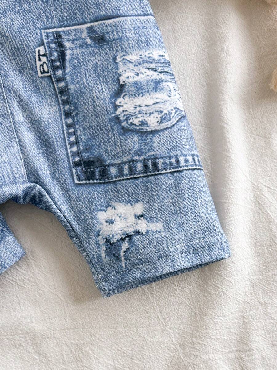 Baby Boy Cartoon Pattern Denim Effect Printed Short Sleeve Jumpsuit Casual Summer Outfit