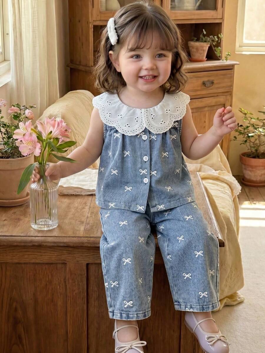 Elegant Countryside Outfit Set For Baby Girls With Embroidered Detail