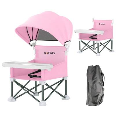 Portable Booster Seat for Toddlers with Feeding Tray and Sunshade Canopy Adjustable Indoor Outdoor Dining Chair