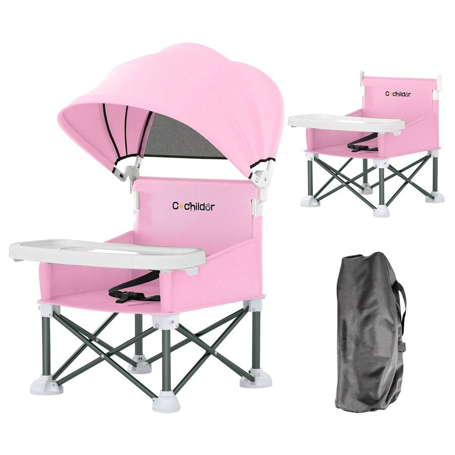 Portable Booster Seat for Toddlers with Feeding Tray and Sunshade Canopy Adjustable Indoor Outdoor Dining Chair