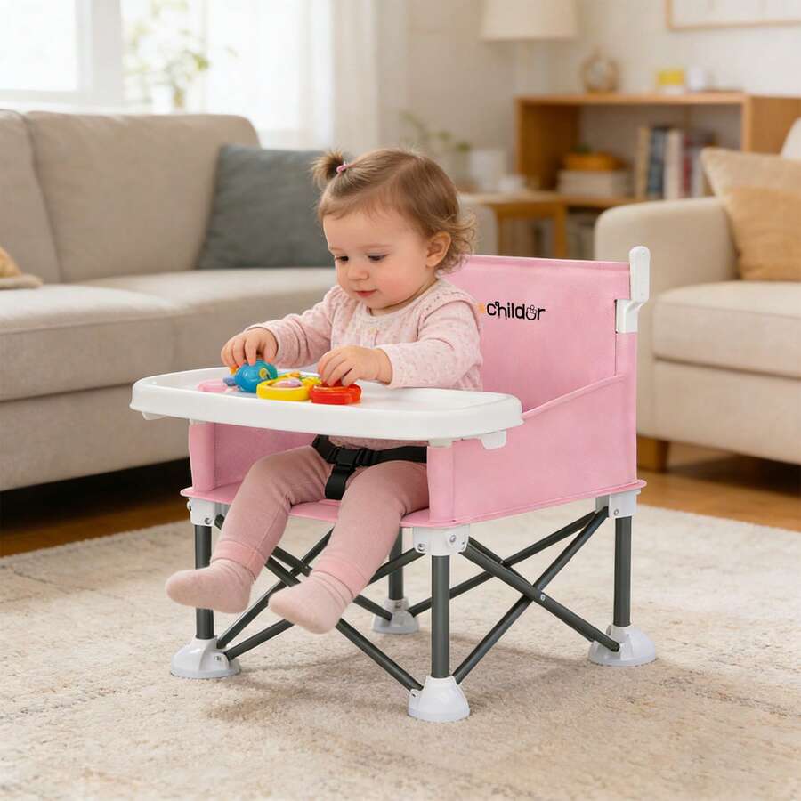 Portable Booster Seat for Toddlers with Feeding Tray and Sunshade Canopy Adjustable Indoor Outdoor Dining Chair