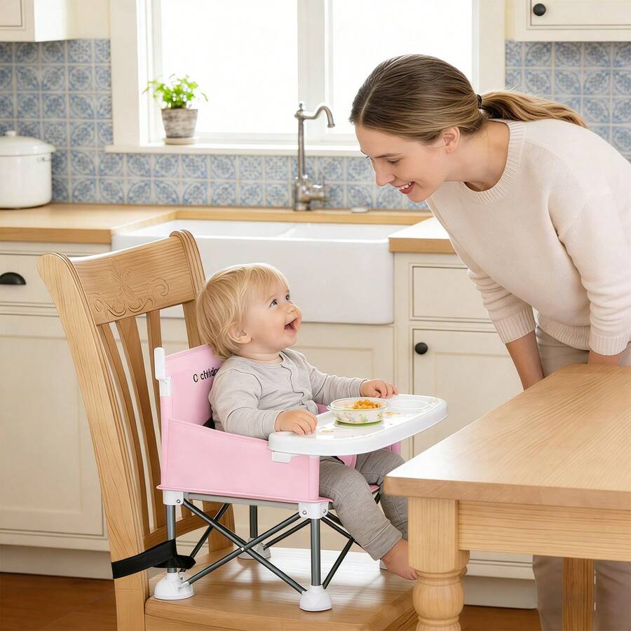 Portable Booster Seat for Toddlers with Feeding Tray and Sunshade Canopy Adjustable Indoor Outdoor Dining Chair