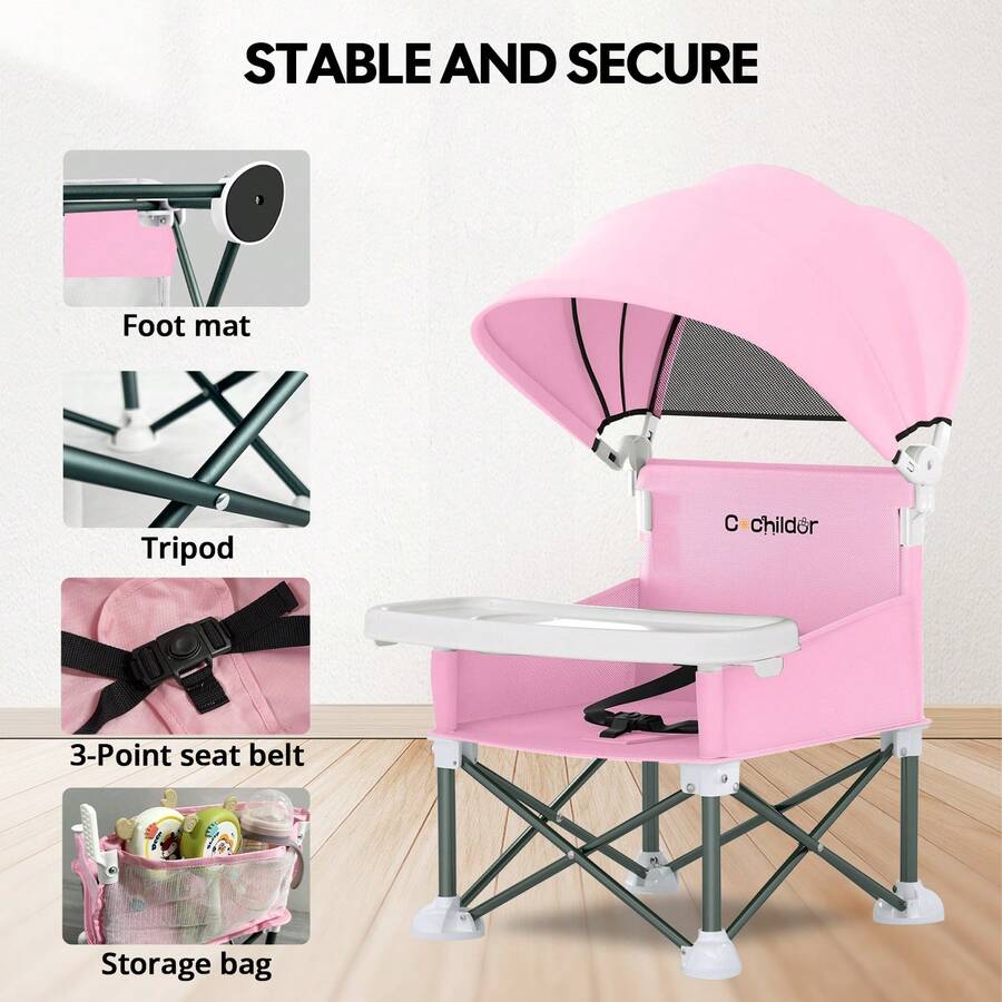 Portable Booster Seat for Toddlers with Feeding Tray and Sunshade Canopy Adjustable Indoor Outdoor Dining Chair