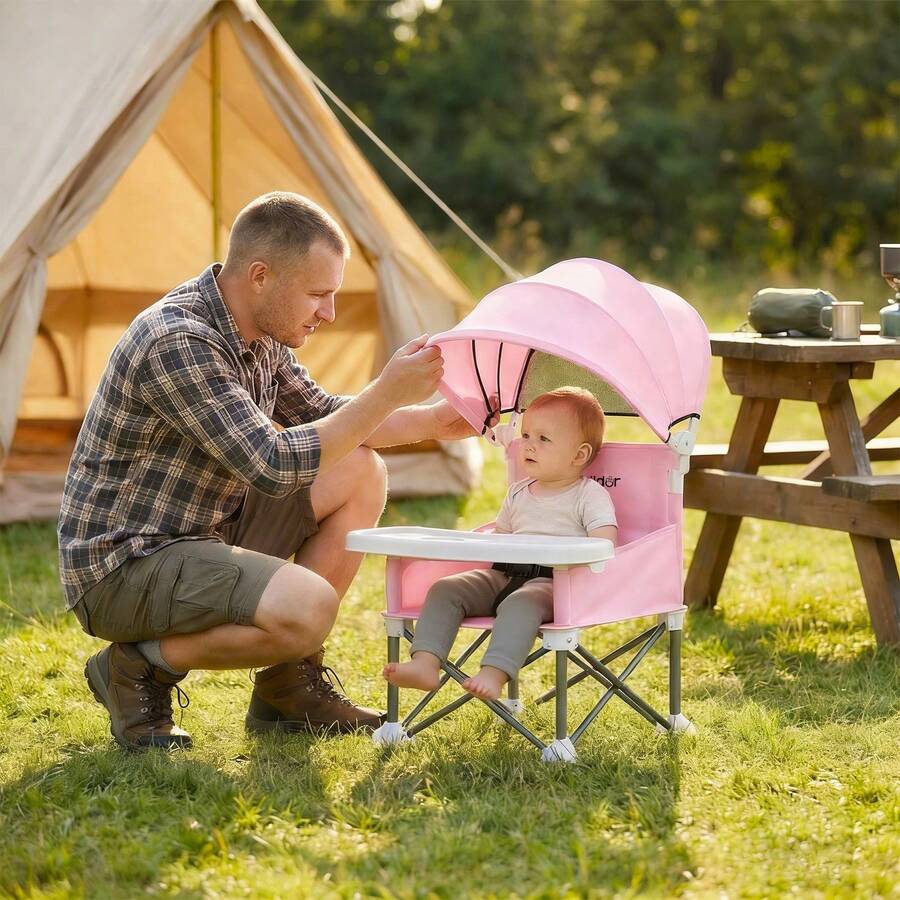 Portable Booster Seat for Toddlers with Feeding Tray and Sunshade Canopy Adjustable Indoor Outdoor Dining Chair