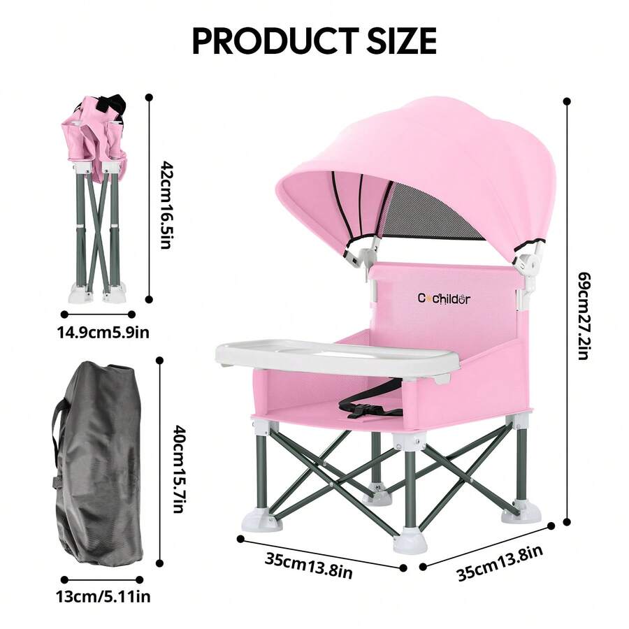 Portable Booster Seat for Toddlers with Feeding Tray and Sunshade Canopy Adjustable Indoor Outdoor Dining Chair