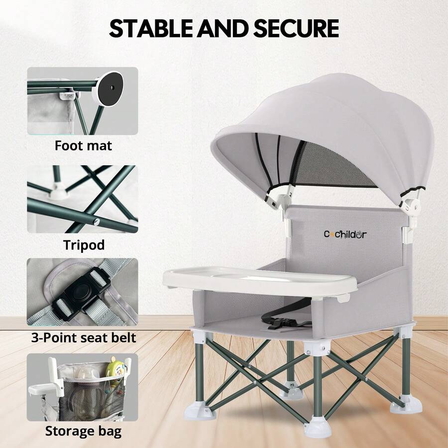 Portable Booster Seat for Toddlers with Feeding Tray and Sunshade Canopy Adjustable Indoor Outdoor Dining Chair