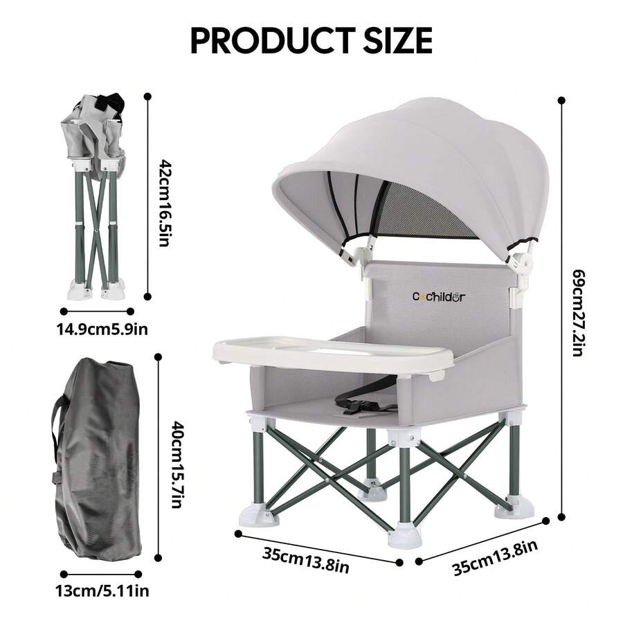 Portable Booster Seat for Toddlers with Feeding Tray and Sunshade Canopy Adjustable Indoor Outdoor Dining Chair