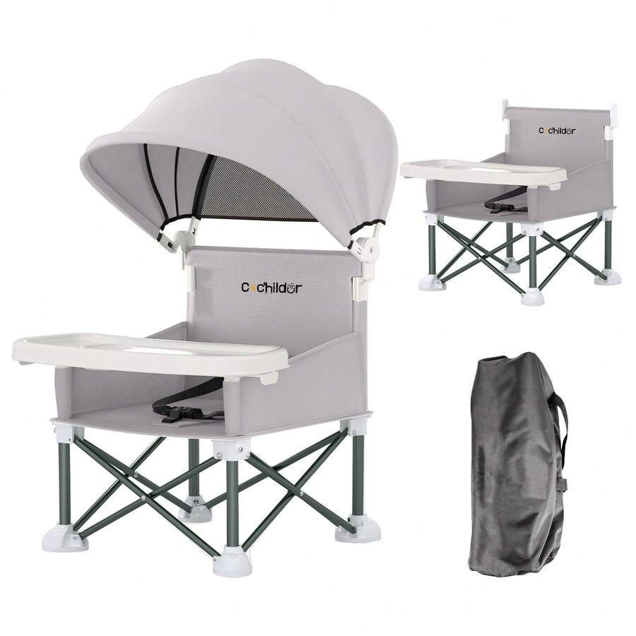 Portable Booster Seat for Toddlers with Feeding Tray and Sunshade Canopy Adjustable Indoor Outdoor Dining Chair