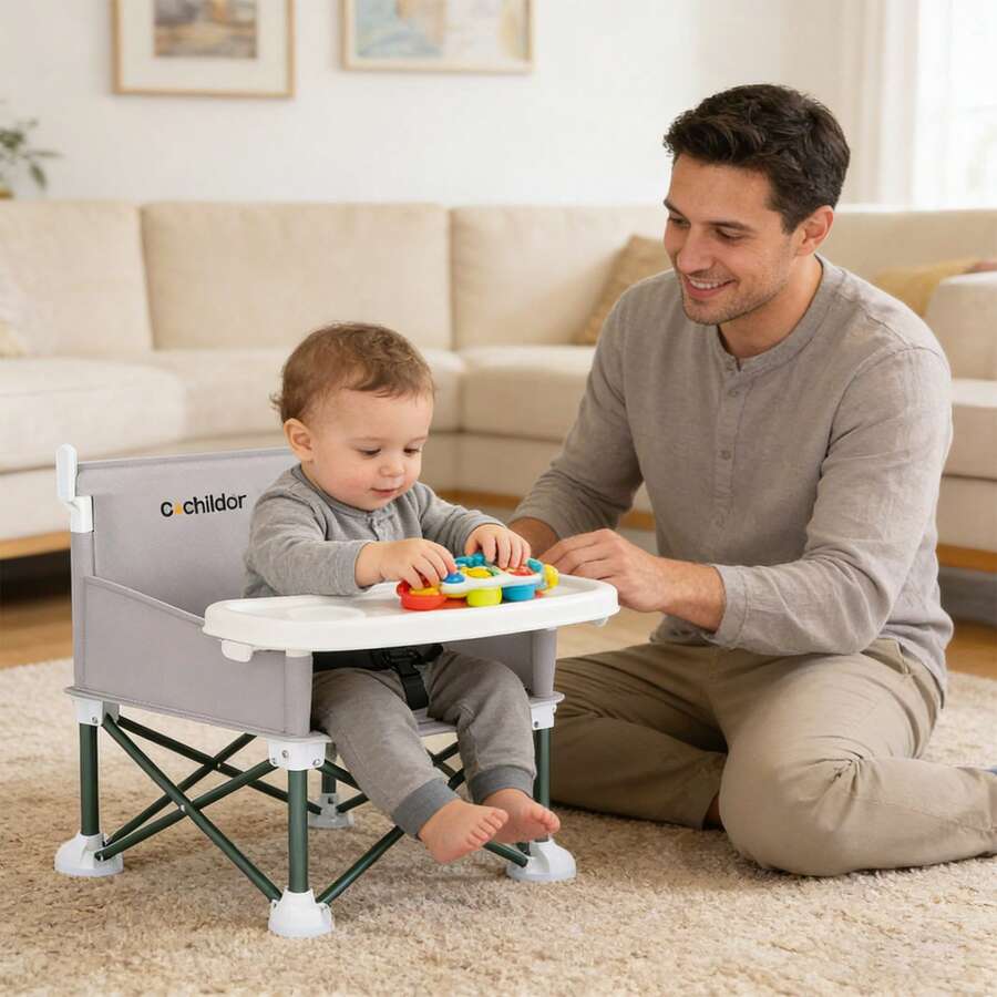 Portable Booster Seat for Toddlers with Feeding Tray and Sunshade Canopy Adjustable Indoor Outdoor Dining Chair