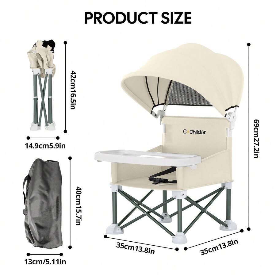 Portable Booster Seat for Toddlers with Feeding Tray and Sunshade Canopy Adjustable Indoor Outdoor Dining Chair