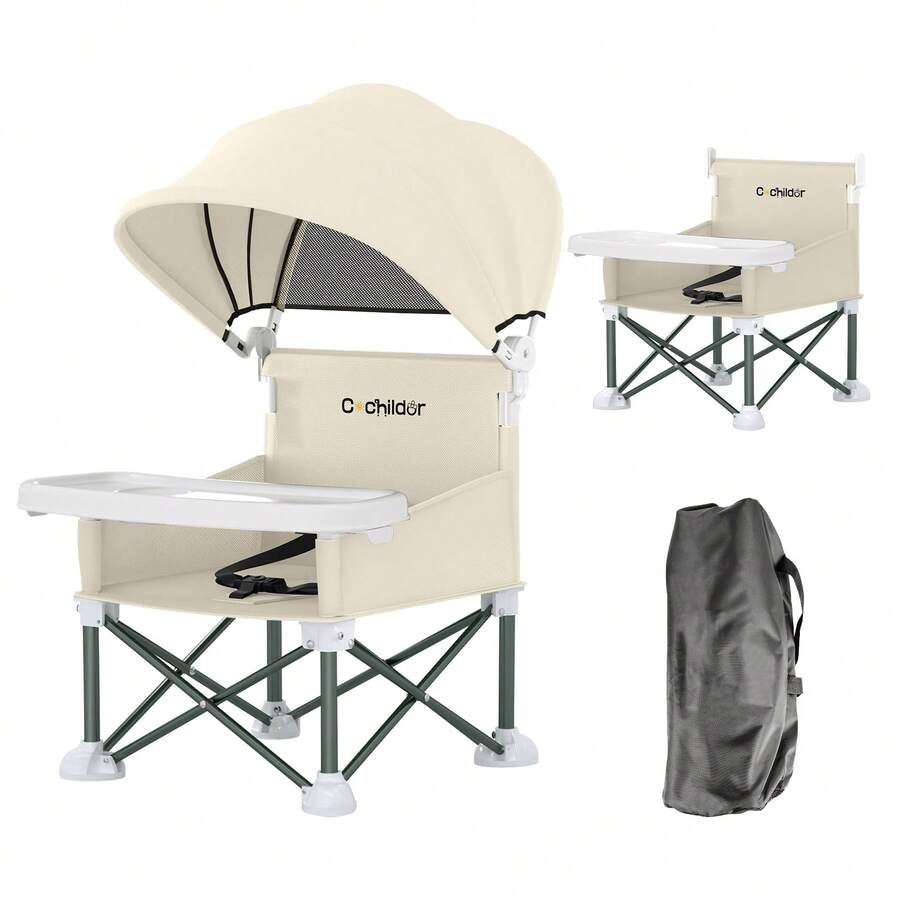 Portable Booster Seat for Toddlers with Feeding Tray and Sunshade Canopy Adjustable Indoor Outdoor Dining Chair
