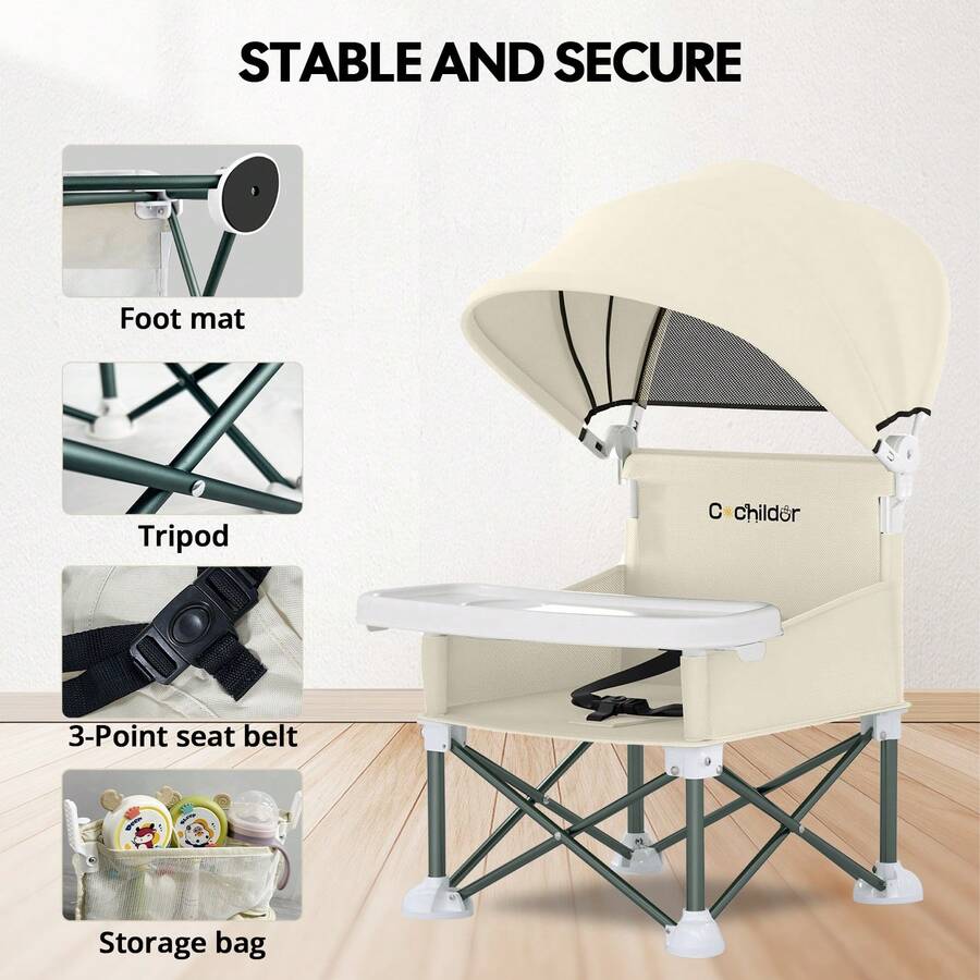 Portable Booster Seat for Toddlers with Feeding Tray and Sunshade Canopy Adjustable Indoor Outdoor Dining Chair