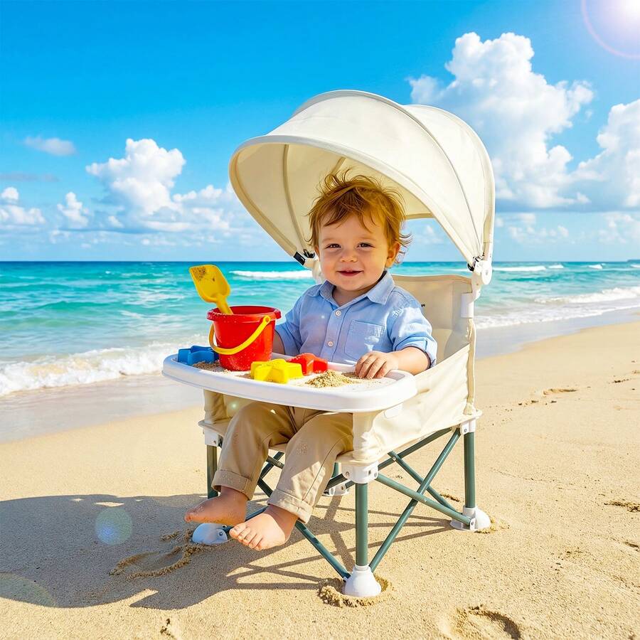 Portable Booster Seat for Toddlers with Feeding Tray and Sunshade Canopy Adjustable Indoor Outdoor Dining Chair