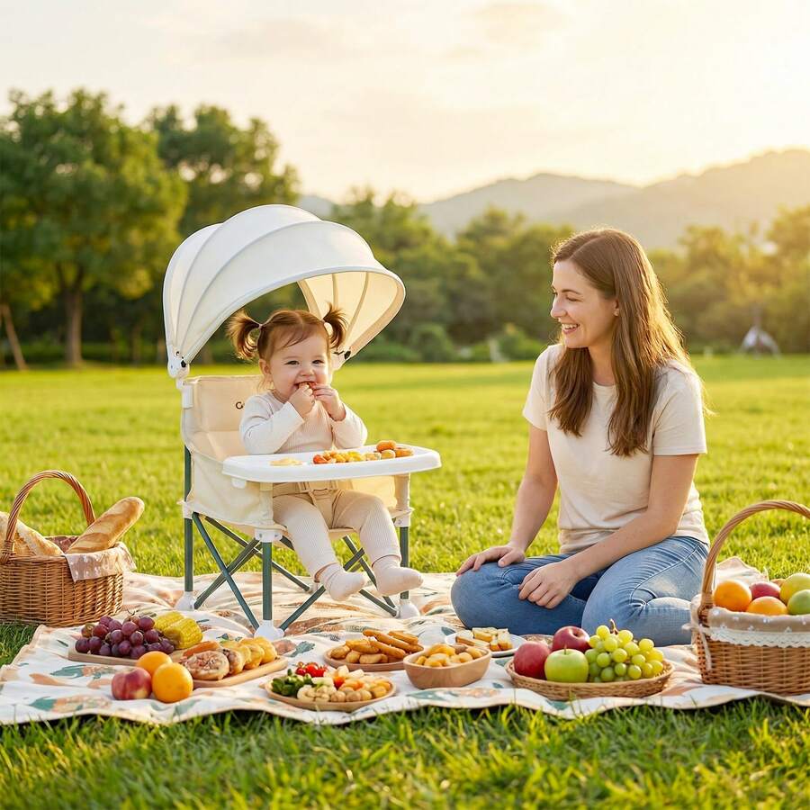 Portable Booster Seat for Toddlers with Feeding Tray and Sunshade Canopy Adjustable Indoor Outdoor Dining Chair