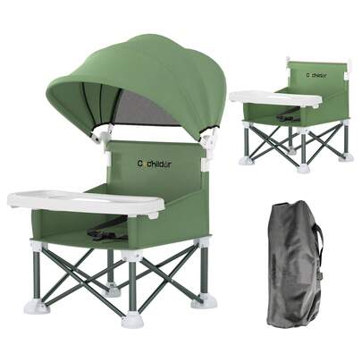 Portable Booster Seat for Toddlers with Feeding Tray and Sunshade Canopy Adjustable Indoor Outdoor Dining Chair
