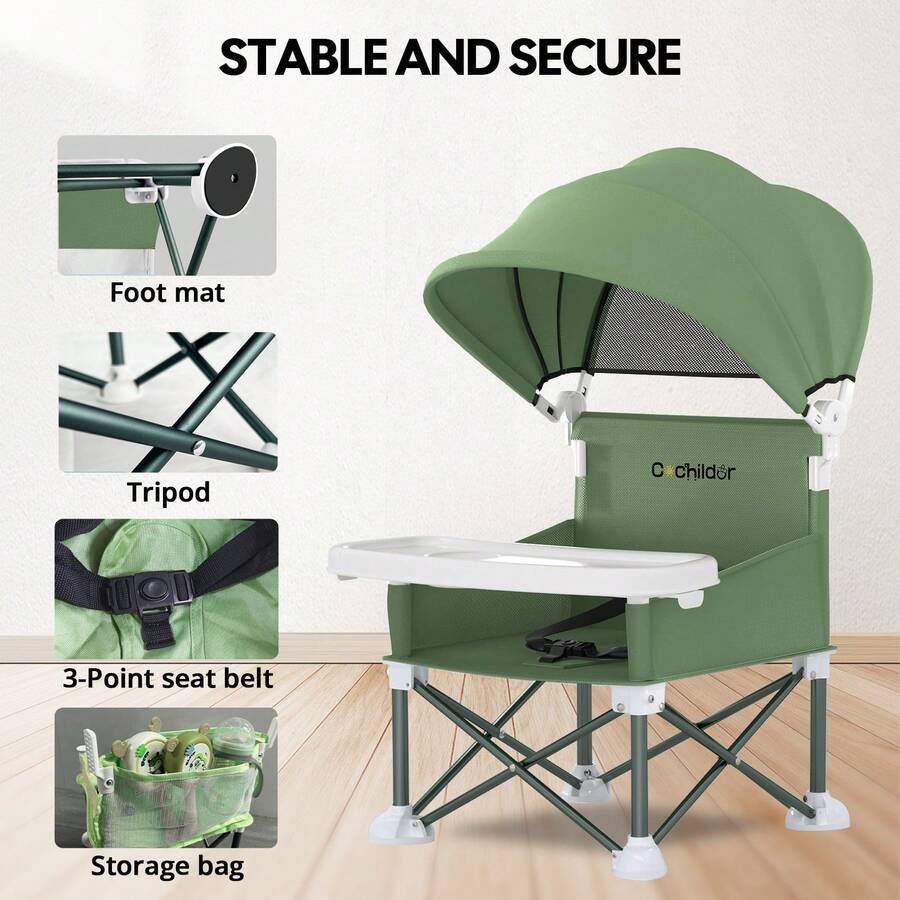 Portable Booster Seat for Toddlers with Feeding Tray and Sunshade Canopy Adjustable Indoor Outdoor Dining Chair