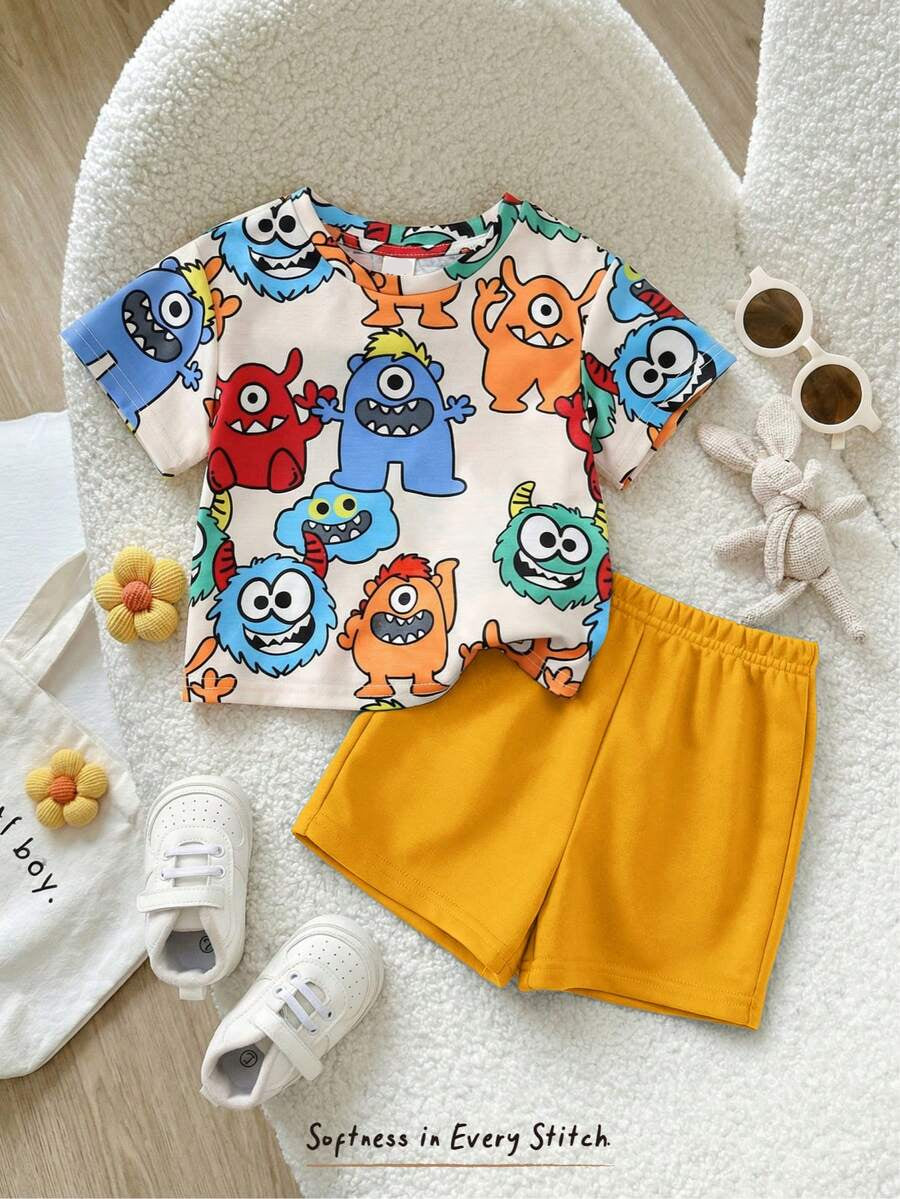 Baby Boy Animal Crayon Print T Shirt and Knitted Shorts 2 Piece Casual Spring Summer Outfit Set
