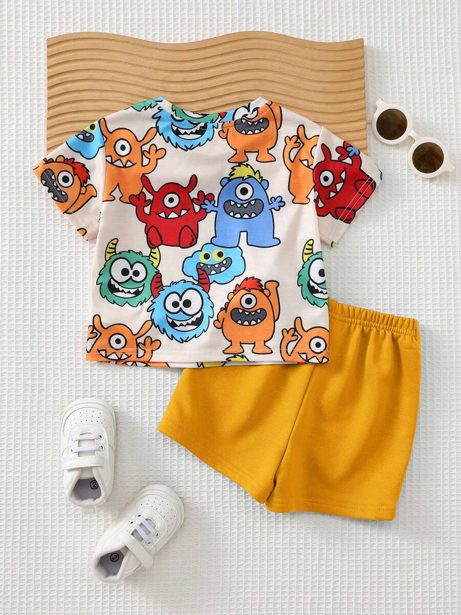 Baby Boy Animal Crayon Print T Shirt and Knitted Shorts 2 Piece Casual Spring Summer Outfit Set