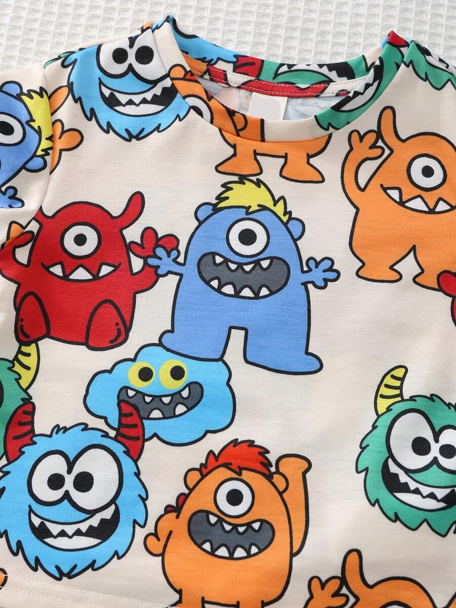 Baby Boy Animal Crayon Print T Shirt and Knitted Shorts 2 Piece Casual Spring Summer Outfit Set
