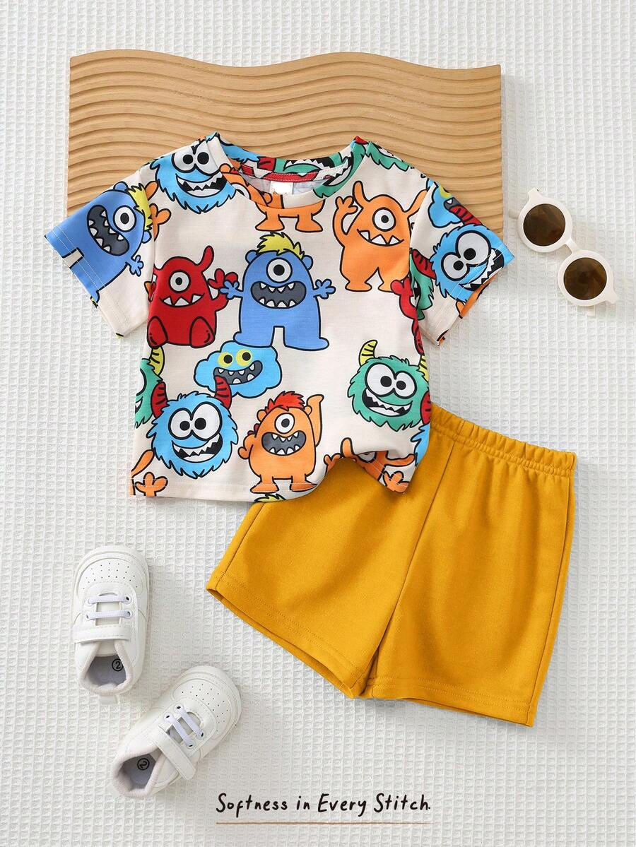 Baby Boy Animal Crayon Print T Shirt and Knitted Shorts 2 Piece Casual Spring Summer Outfit Set