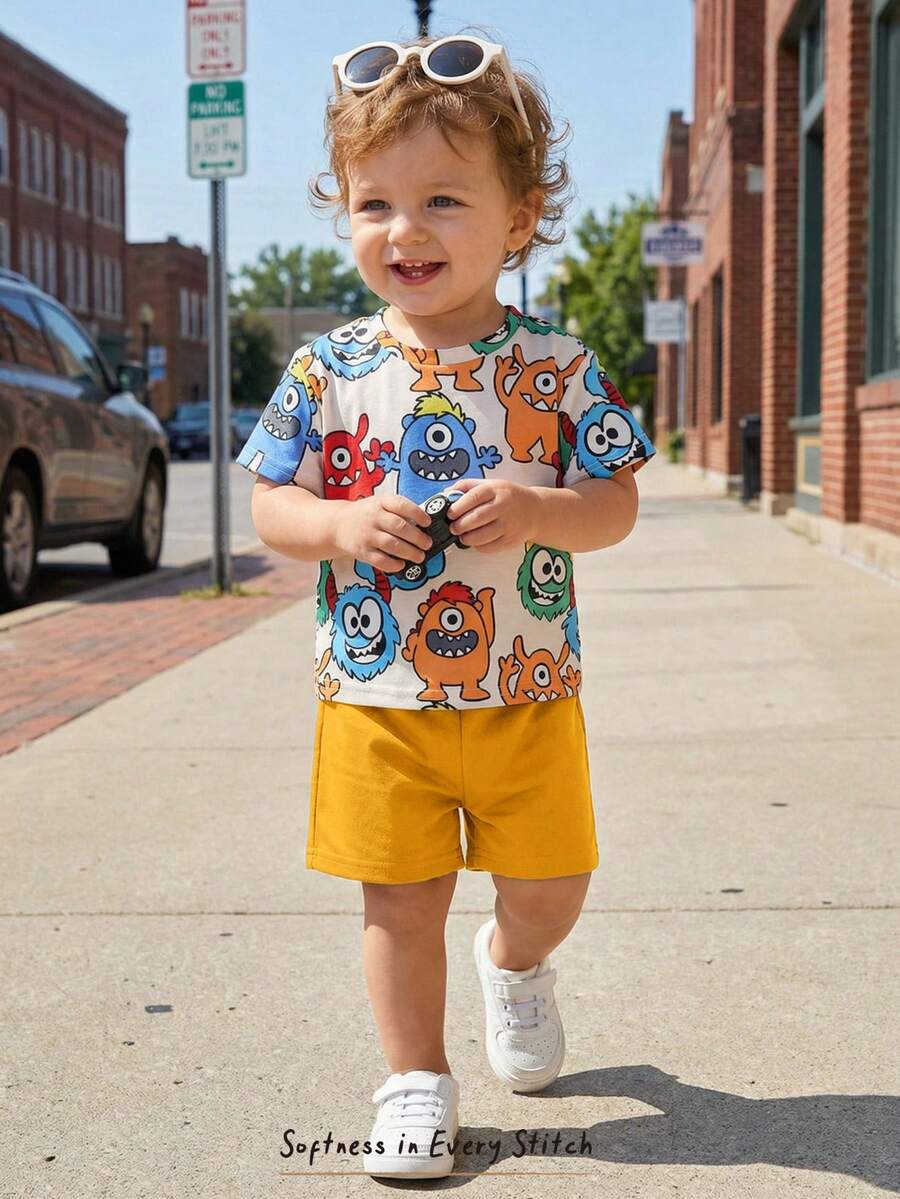 Baby Boy Animal Crayon Print T Shirt and Knitted Shorts 2 Piece Casual Spring Summer Outfit Set